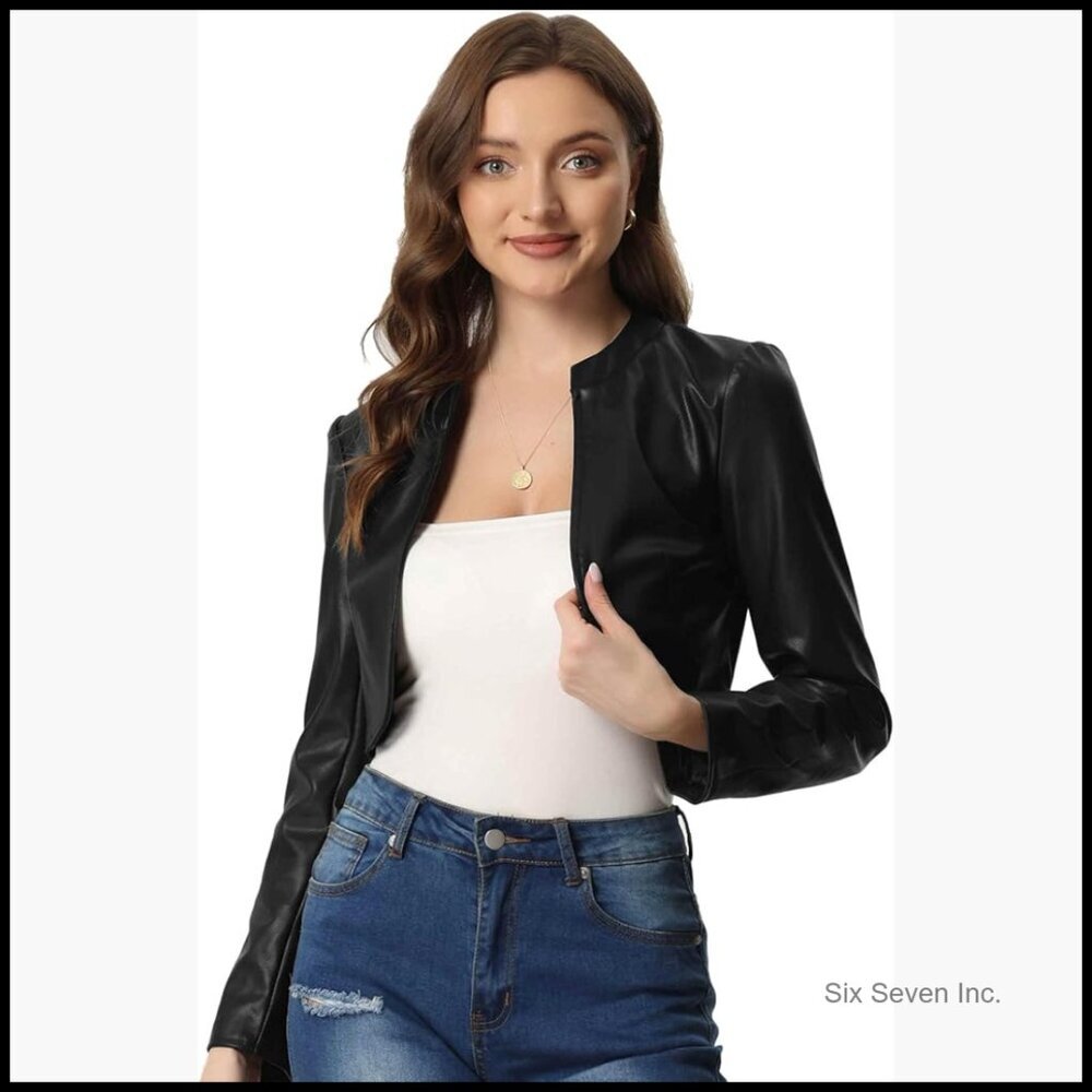 Faux Leather Cropped Jacket Open Front Long Sleeve PU Moto Biker